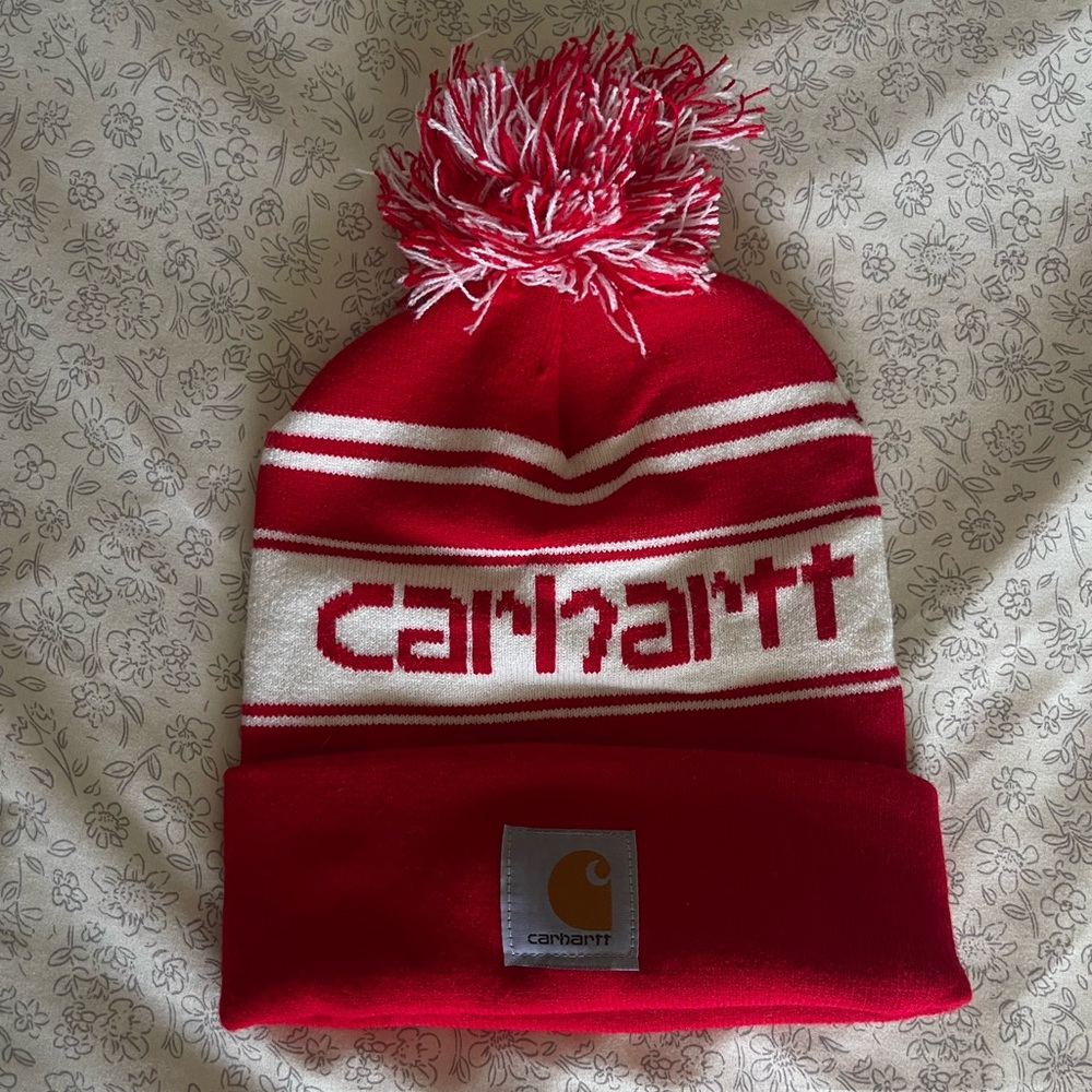 Red and white Carhartt beanie